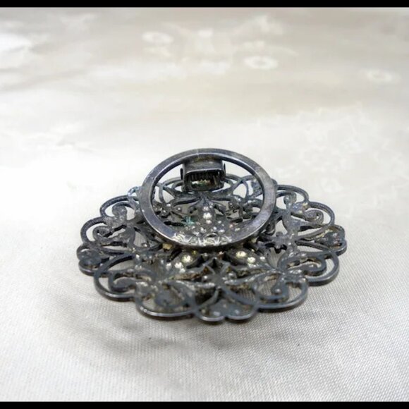 Vintage Scarf Clip Dark Silvertone Filigree Dress Clip Hat Clip - Picture 7 of 16